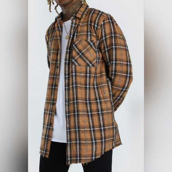 Small Men Brown Plaid Flannel Overshirt - Picture 1 of 7